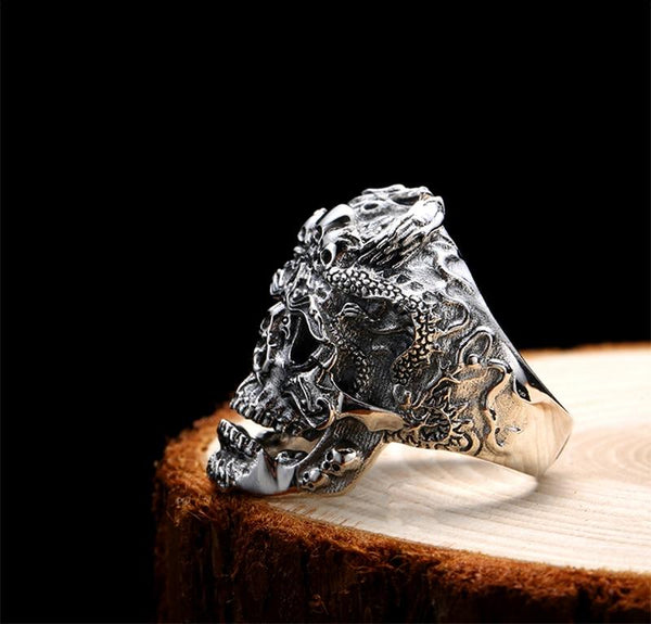Punk Rock Gothic Men's Adjustable Sterling Silver Dragon Skull Ring - SolaceConnect.com
