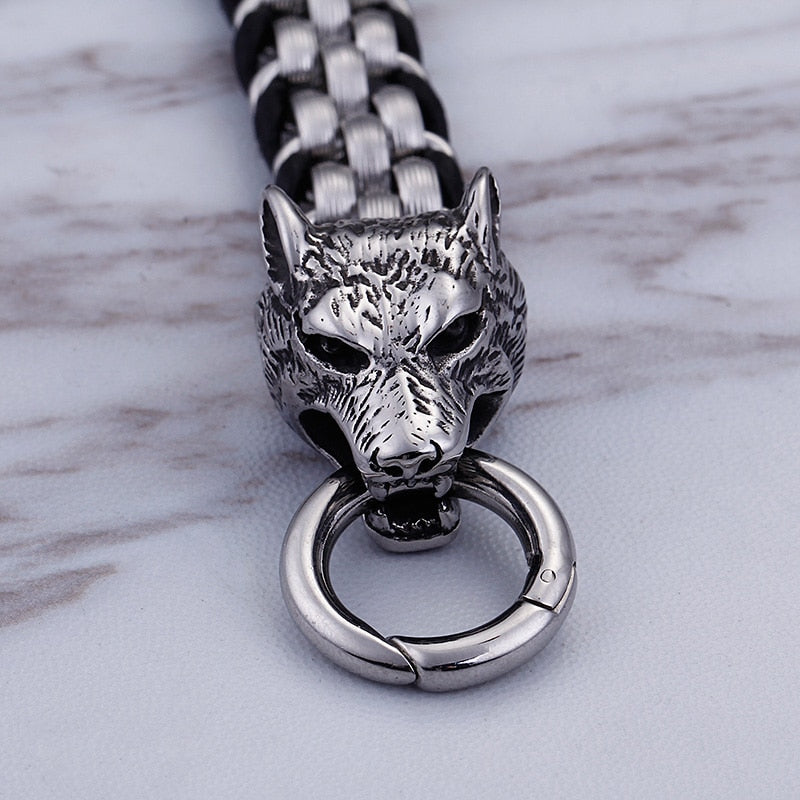 Punk Rock Male Jewelry 316L Stainless Steel Braided Genuine Leather Wrap Bracelet For Men Cool Double Wolf Head Animal Armband  -  GeraldBlack.com