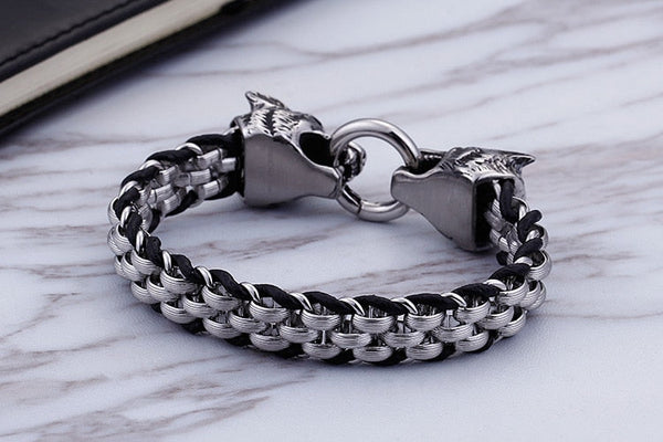 Punk Rock Male Jewelry 316L Stainless Steel Braided Genuine Leather Wrap Bracelet For Men Cool Double Wolf Head Animal Armband  -  GeraldBlack.com
