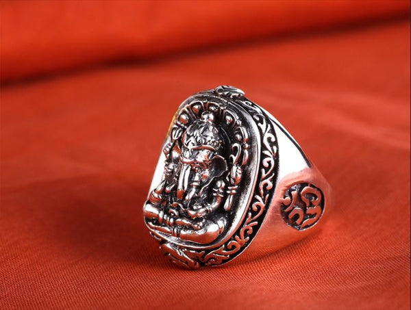 Pure Silver Solid Elephant Nose Vintage Jewelry Buddha Men's Punk Ring - SolaceConnect.com