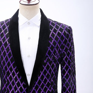 Purple Color Diamond Lattice Sequined Blazer for Singer Stage Performance  -  GeraldBlack.com