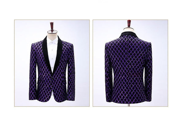 Purple Color Diamond Lattice Sequined Blazer for Singer Stage Performance  -  GeraldBlack.com