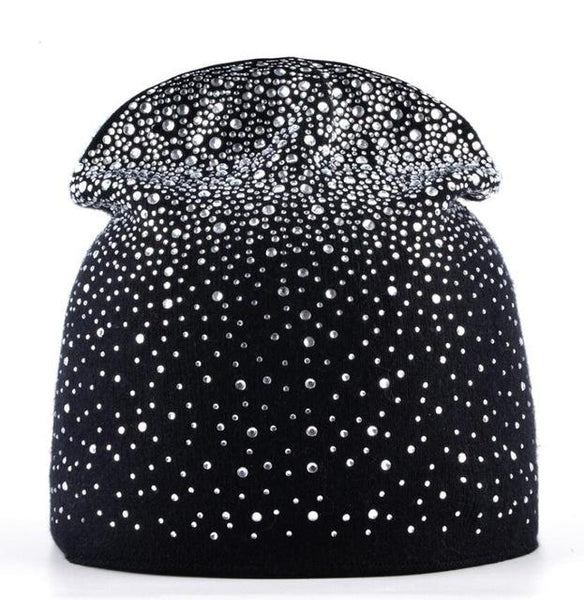 Rabbit Wool Knitted Winter Rhinestone Bonnet Skullies for Women - SolaceConnect.com