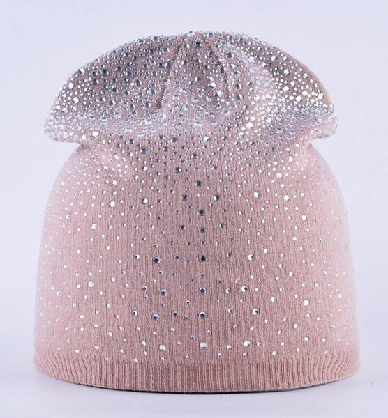 Rabbit Wool Knitted Winter Rhinestone Bonnet Skullies for Women - SolaceConnect.com