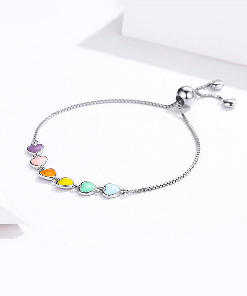 Rainbow Color Enamel Heart Bracelet for Women Heart shape  925 Sterling Silver Chain Bracelet Anti allergy Jewelry SCB158  -  GeraldBlack.com