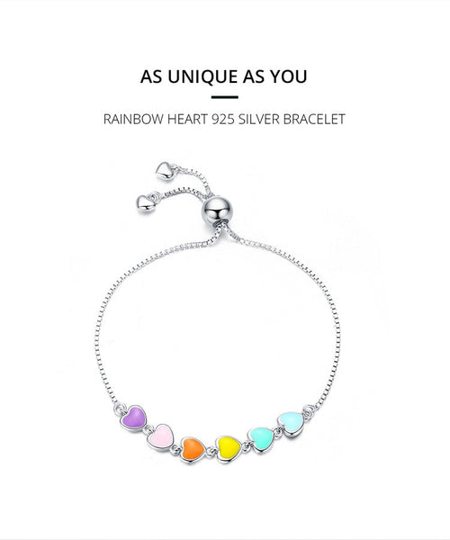 Rainbow Color Enamel Heart Bracelet for Women Heart shape  925 Sterling Silver Chain Bracelet Anti allergy Jewelry SCB158  -  GeraldBlack.com