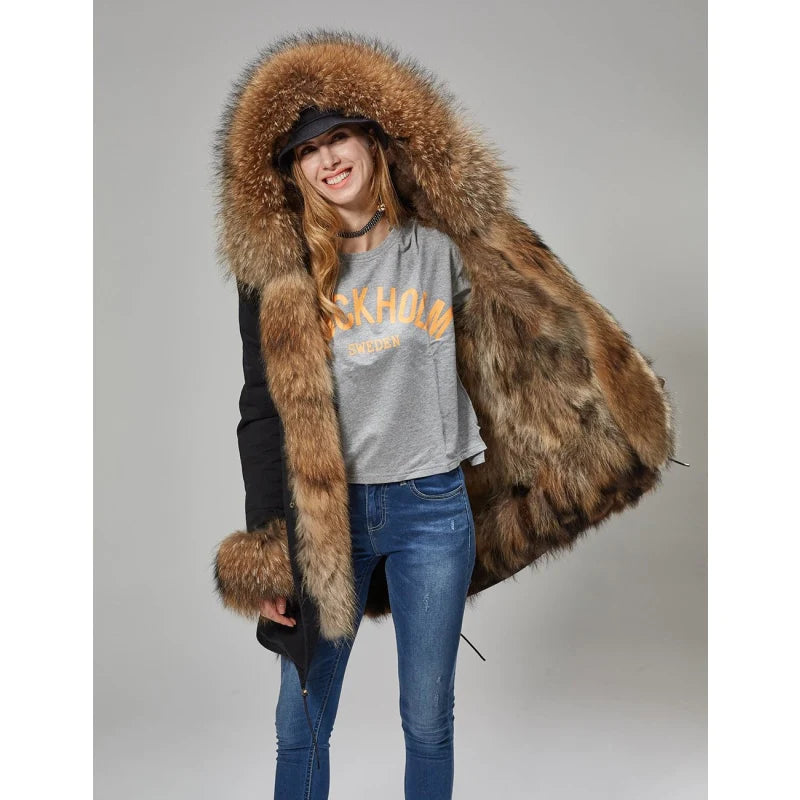 Real and Natural Raccoon Fur Collar Big Winter Jacket For Women  -  GeraldBlack.com