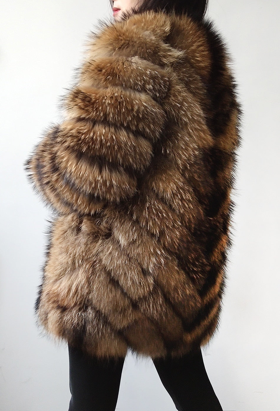 Real Raccoon Silver Fox Fur Coat Plus Size Natural Winter Women Round Neck Warm Thick Style  -  GeraldBlack.com