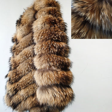 Real Raccoon Silver Fox Fur Coat Plus Size Natural Winter Women Round Neck Warm Thick Style  -  GeraldBlack.com