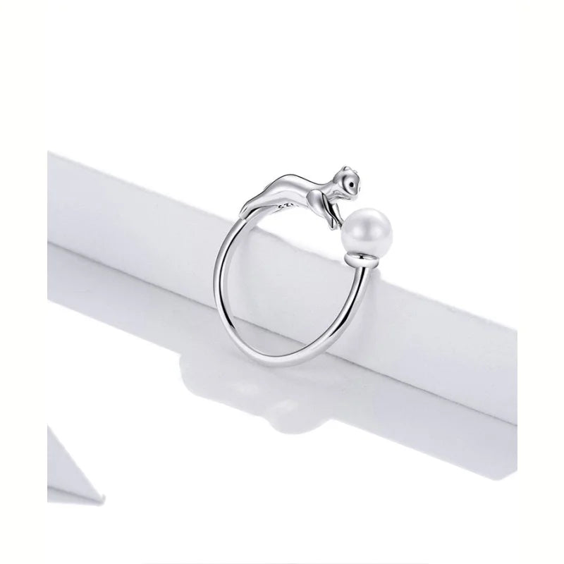 Real Silver 925 Rings Cat with Ball Open Finger Rings for Women Shell Pearl Free Size Silver Jewelry  -  GeraldBlack.com