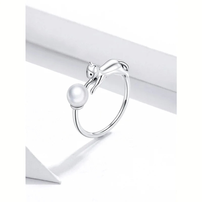 Real Silver 925 Rings Cat with Ball Open Finger Rings for Women Shell Pearl Free Size Silver Jewelry  -  GeraldBlack.com