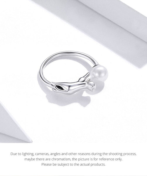 Real Silver 925 Rings Cat with Ball Open Finger Rings for Women Shell Pearl Free Size Silver Jewelry SCR683  -  GeraldBlack.com