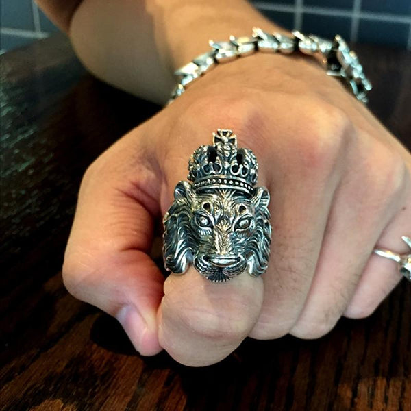 Real Solid 925 Sterling Silver Crown Lion King Punk Vintage Ring for Men - SolaceConnect.com