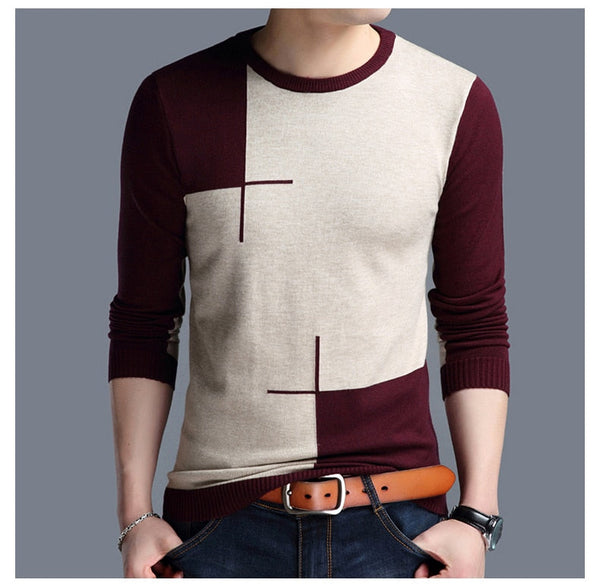 Men's England Style O Neck Flat Knitted Full Sleeves Pullover Sweater