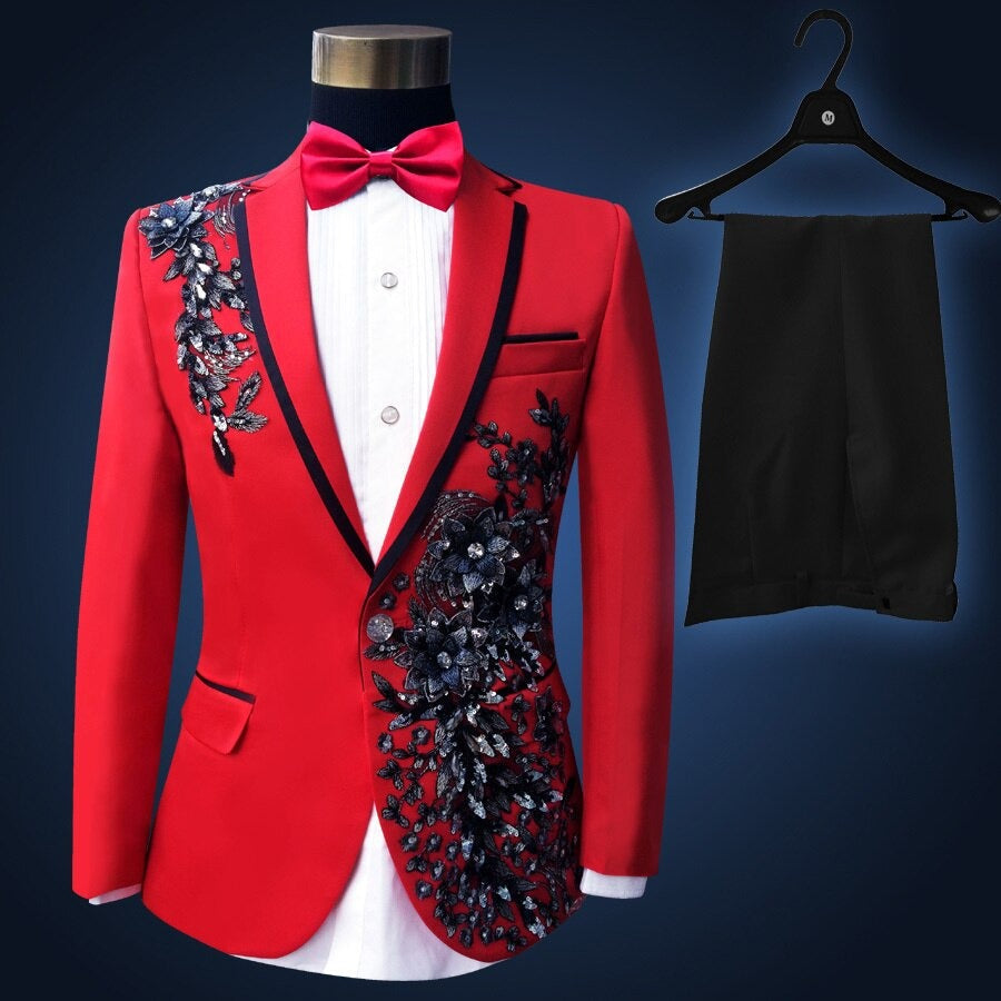 Red Black Tuxedo Jacket Pant Beads Mens Stage Wearmens Tuxedos Wedding Plus Size 4XL Groom Suit  -  GeraldBlack.com