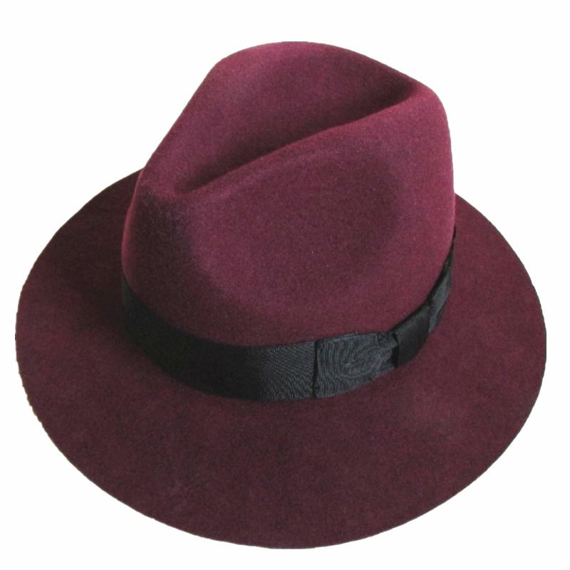 Red Burgundy 6.5Cm Wide Brim Young Men or Women Wool Felt Fedora Hat  -  GeraldBlack.com
