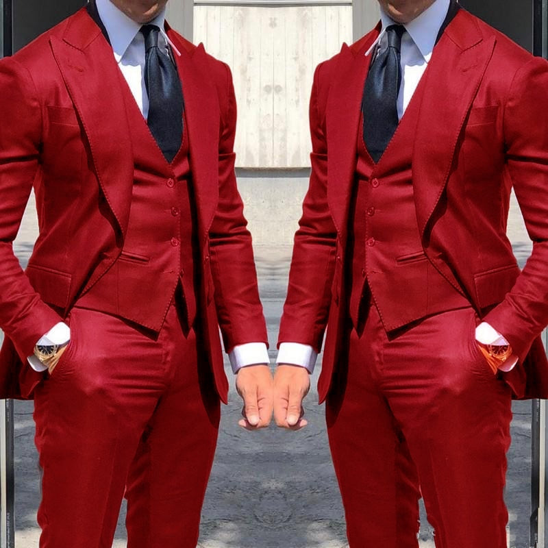 Red Casual Style 3 Pieces Jacket+Pants+Vest Suits Formal Groom Tuxedos Groomsmen Wedding Prom Suits  -  GeraldBlack.com