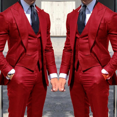 Red Casual Style 3 Pieces Jacket+Pants+Vest Suits Formal Groom Tuxedos Groomsmen Wedding Prom Suits  -  GeraldBlack.com
