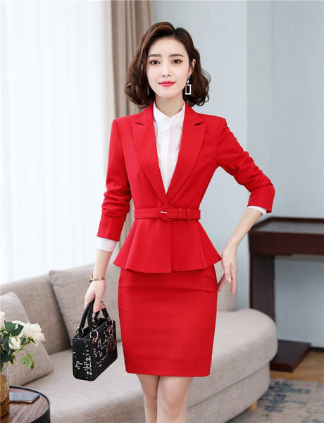 Red Coat Skirt White Blouse Fashion OL Style Business Suit for Women  -  GeraldBlack.com