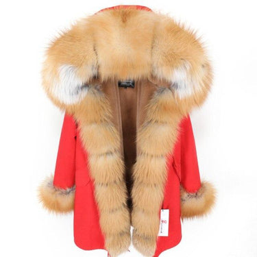 Red Women's leather jacket Large Natural Fox Fur Hooded Coat Parka Outwear Long Detachable Lining - SolaceConnect.com