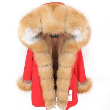 Red Color Women's Fox Fur Leather Hooded Long Detachable Coats & Jackets  -  GeraldBlack.com