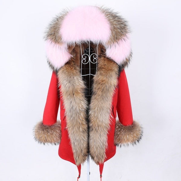 Red Color Women's Natural Real Fur Collared Coat Parka Jacket for Winter  -  GeraldBlack.com