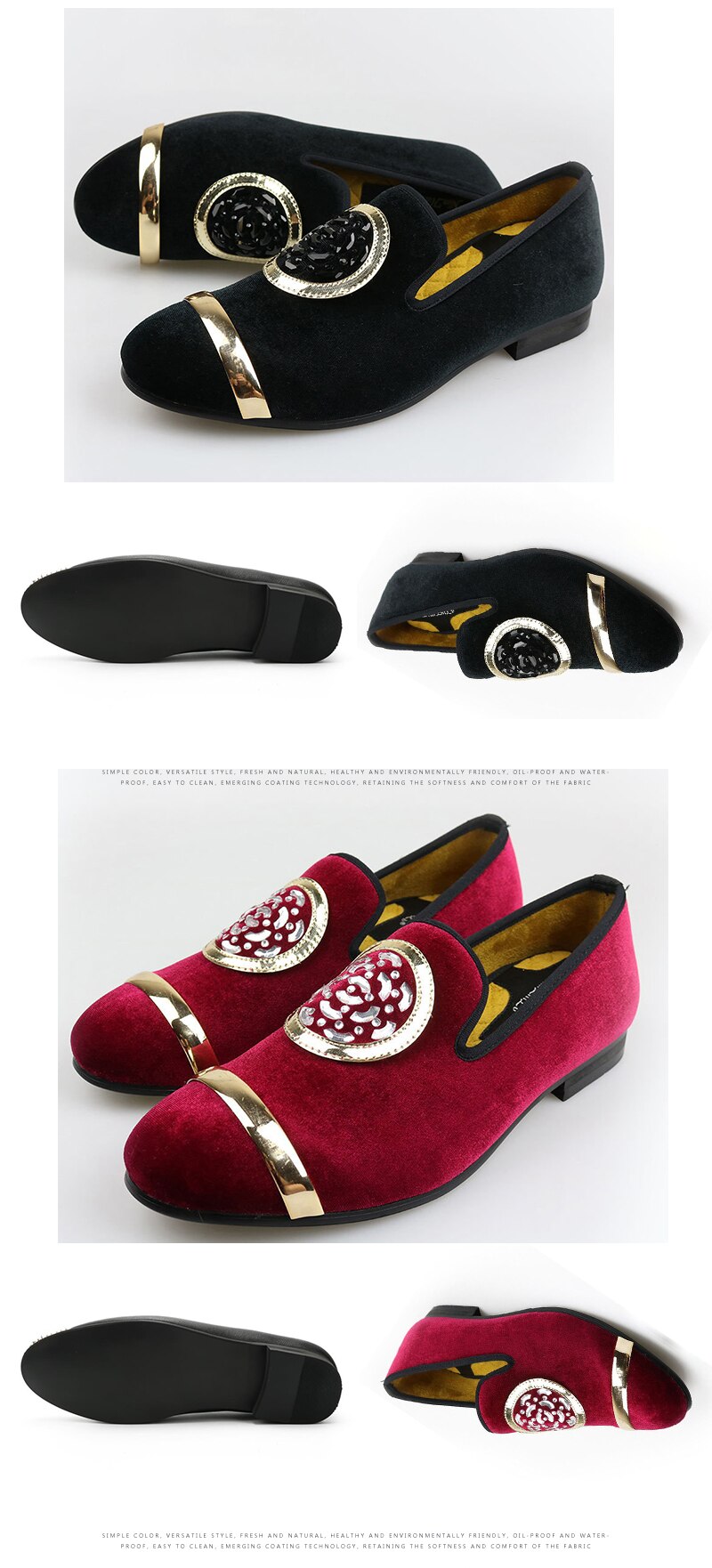 Red Fashion Men Velvet Classic Casual Gold Top and Metal Toe Handmade Luxurious Loafers Shoes  -  GeraldBlack.com