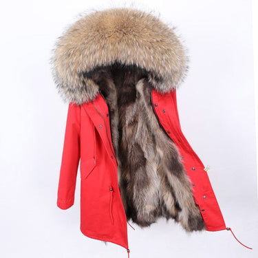 Red Long Winter Jacket for Women with Contrast Natural Raccoon Fur Hood  -  GeraldBlack.com