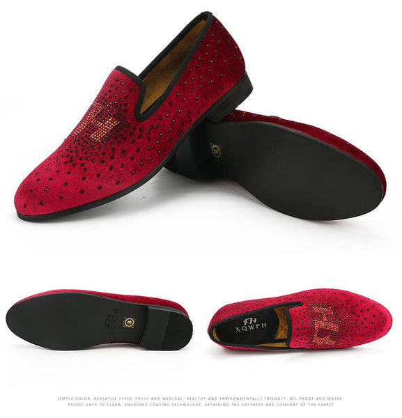 Red Men Velvet Loafers Exquisite Crystal Wedding and Party Slip-On Shoes  -  GeraldBlack.com