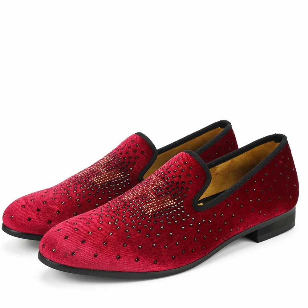 Red Men Velvet Loafers Exquisite Crystal Wedding and Party Slip-On Shoes  -  GeraldBlack.com