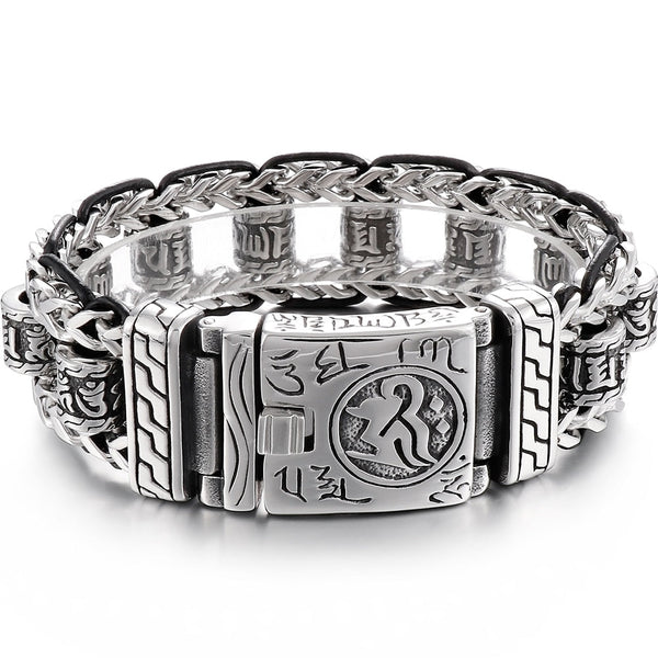 Religious Bracelet for Men 316L Stainless Steel 22MM Buddhist Scriptures Link Leather Wristband On Hand Jewelry  -  GeraldBlack.com