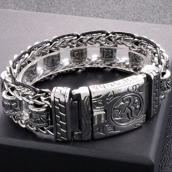 Religious Bracelet for Men 316L Stainless Steel 22MM Buddhist Scriptures Link Leather Wristband On Hand Jewelry  -  GeraldBlack.com