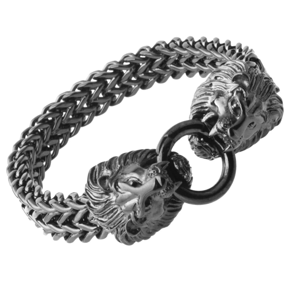 Retro Classical Stainless Steel Lion Head Black Tone Figaro Chain Bracelet  -  GeraldBlack.com