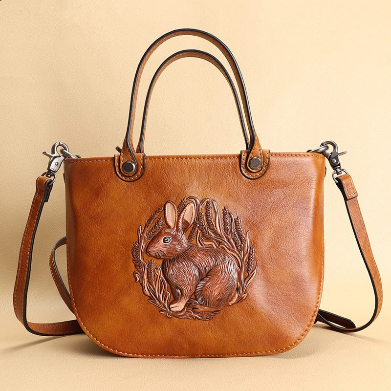 Retro Cowhide Leather Women Handbags Female Embossed Rabbit Shoulder Messenger Ladies Small Portable Tote Bags  -  GeraldBlack.com