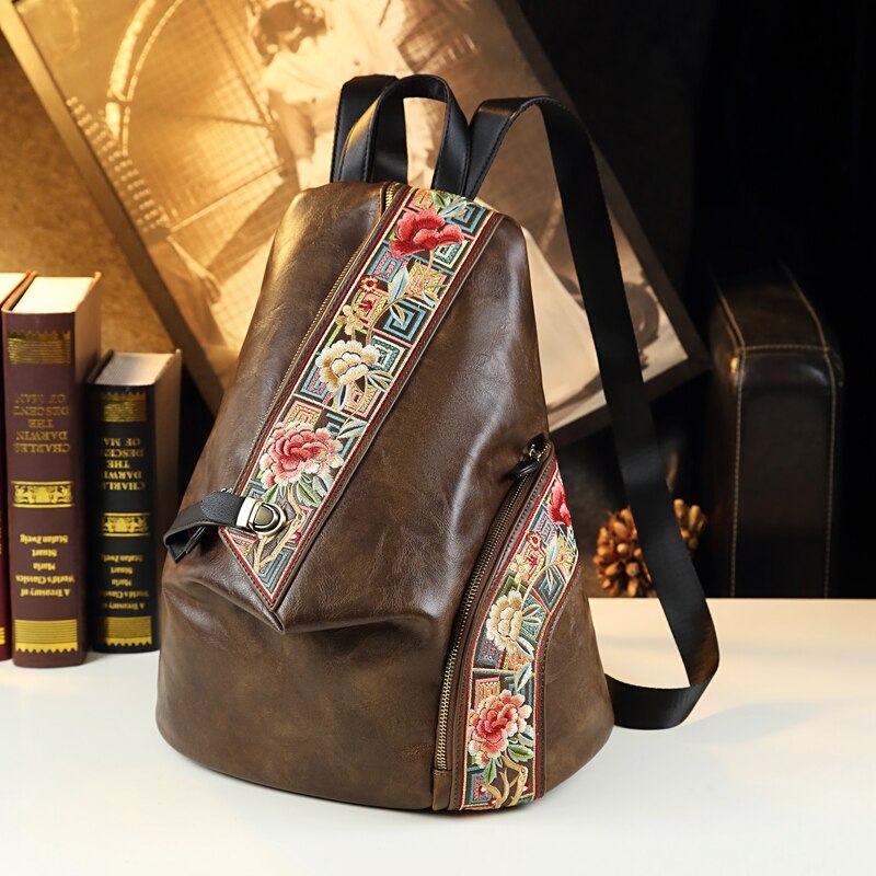Retro Genuine Leather Unisex Embroidered Design Mother Anti Theft Backpack Fashion Travel Backpacks  -  GeraldBlack.com