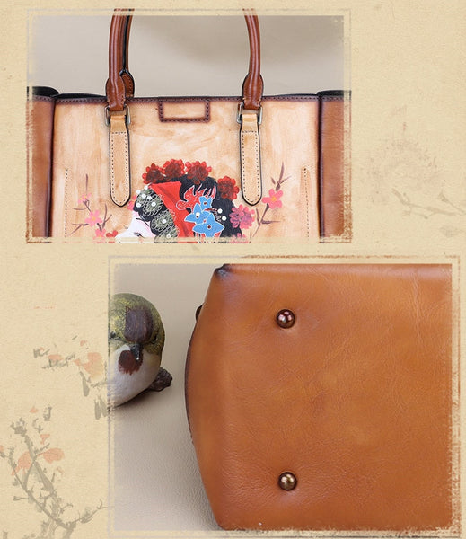 Retro Genuine Leather Women Hand Painted Large Capacity Portable Tote Cowhide Shoulder Handbag  -  GeraldBlack.com