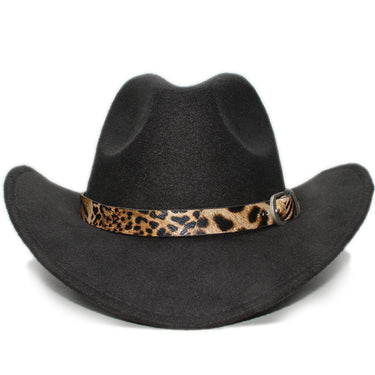 Retro Leopard Print Leather Band Unisex Adult / Kid Wool Wide Brim Cowboy Western Hat Cowgirl Cap 54-57-61cm  -  GeraldBlack.com