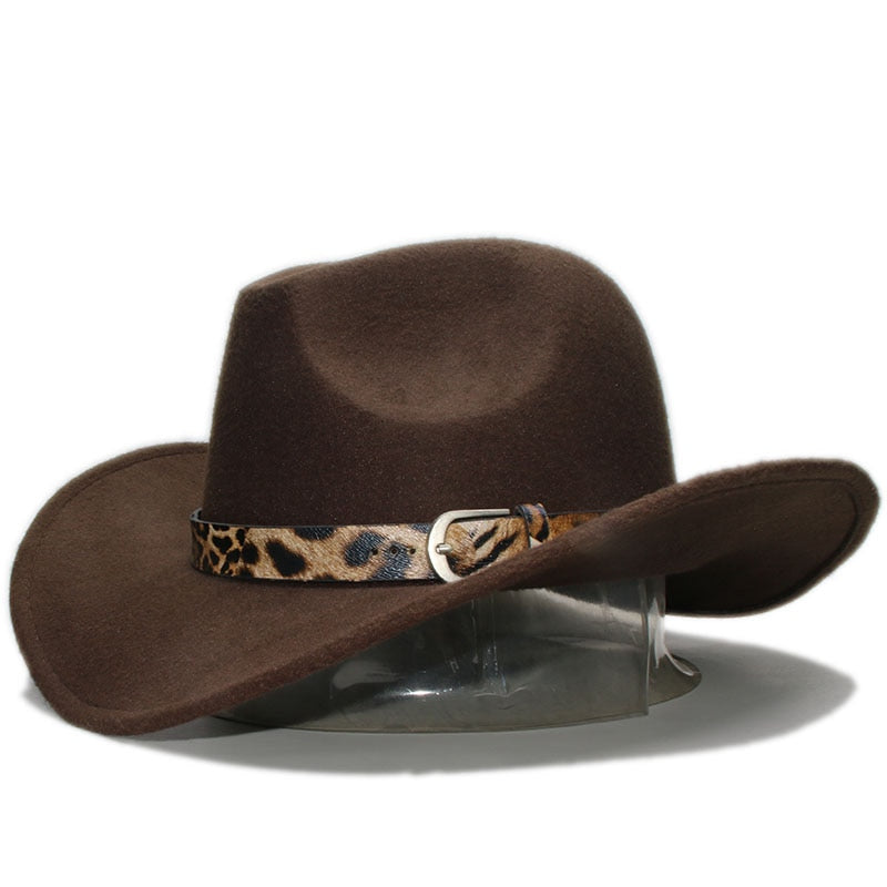 Retro Leopard Print Leather Band Unisex Adult / Kid Wool Wide Brim Cowboy Western Hat Cowgirl Cap 54-57-61cm  -  GeraldBlack.com