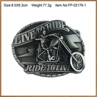Retro Skull Live to Ride Motor Western Style Belt Buckle with Pewter Finish - SolaceConnect.com