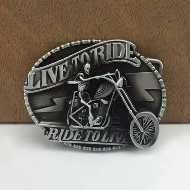 Retro Skull Live to Ride Motor Western Style Belt Buckle with Pewter Finish  -  GeraldBlack.com