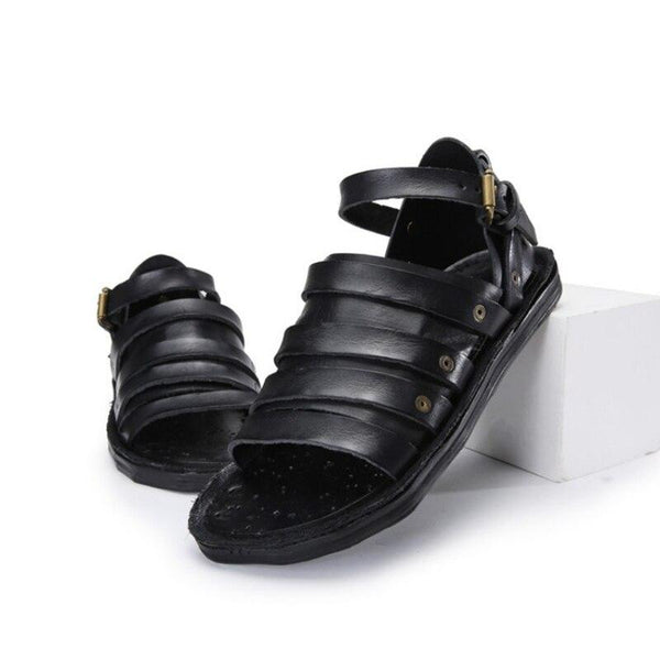 Retro Style Men's Handmade 100% Real Leather Open-toe Flat Sandals - SolaceConnect.com