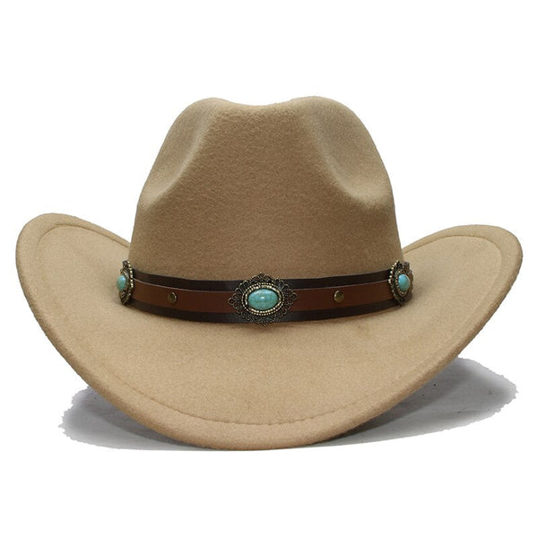 Retro Turquoise Bead Leather Band Child Wool Felt Wide Brim Cowboy Western Hat Cowgirl Warm Cap 61cm 57cm 4cm  -  GeraldBlack.com