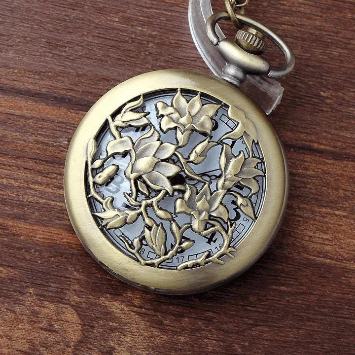 Retro Vintage Unisex Bronze Hollow Flower Pocket Watch with Necklace Chain  -  GeraldBlack.com