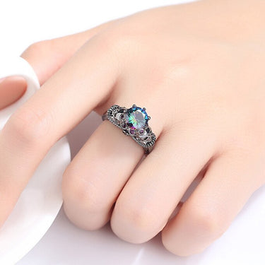 Retro Women's Black Gun Plated Rainbow Crystal Gothic Skull Ring - SolaceConnect.com