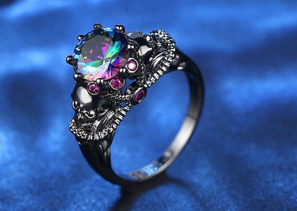 Retro Women's Black Gun Plated Rainbow Crystal Gothic Skull Ring - SolaceConnect.com