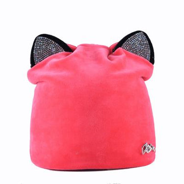 Rhinestone Autumn Winter Acrylic Beanie Cap with Ears for Women - SolaceConnect.com