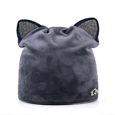 Rhinestone Autumn Winter Acrylic Beanie Cap with Ears for Women - SolaceConnect.com