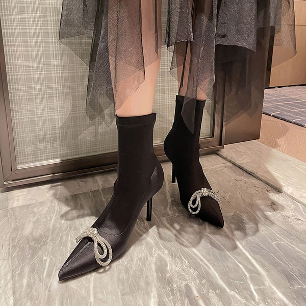 Rhinestone Bow Stiletto High-heeled Women Sock Boots Pointed Toe Elastic High Slip On lady Pumps  -  GeraldBlack.com