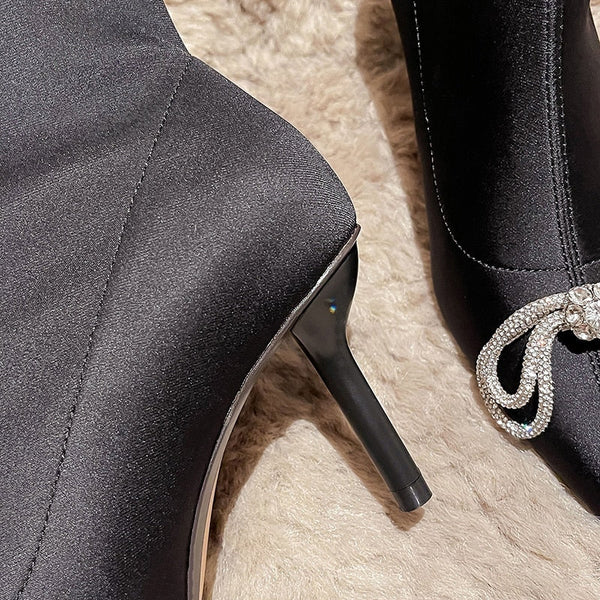 Rhinestone Bow Women Knee-High Boots Pointed Toe Stiletto High-heeled Elastic High Slip On lady  -  GeraldBlack.com