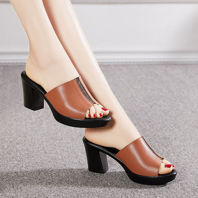 Rhinestone Fashion Genuine Leather Summer High Heel Women's Slippers  -  GeraldBlack.com